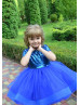 Short Sleeves Royal Blue Sequin Tulle Heart Back Flower Girl Dress